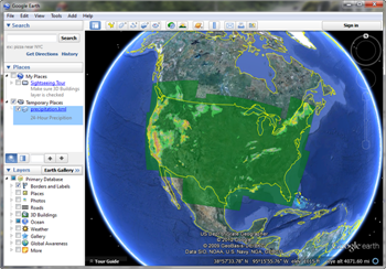 Precipitation data warped into the Google Earth map projection.