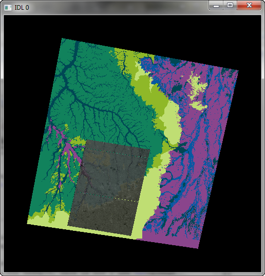 A LandSat image (in gray) displayed with
transparency on a zone image, both in GeoTiff files.