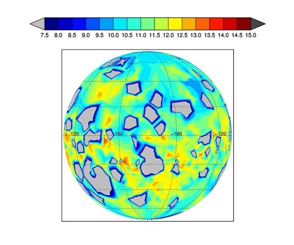 The Natural Neighbor method of gridding to the sphere surface with GridData on an orthographic map projection.