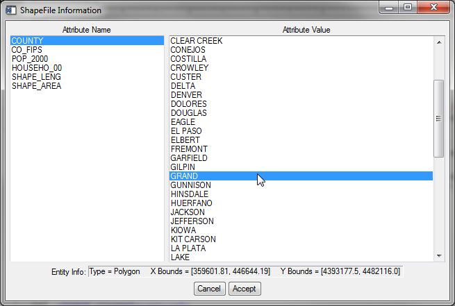 Browsing the Colorado county shapefile with cgShapeInfo.