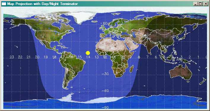 Map projection with day/night terminator displayed.