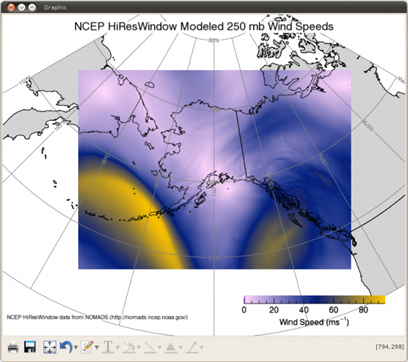 Wind speed data displayed as an image on a map projection.