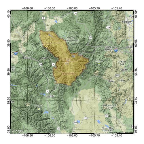 The Summit County shape drawn
as a transparent polygon on a Google map.