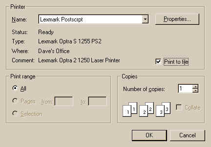 Printer Dialog allows PostScript file selection.