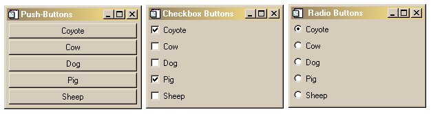 Button widgets have different appearances, depending upon base widget attributes.